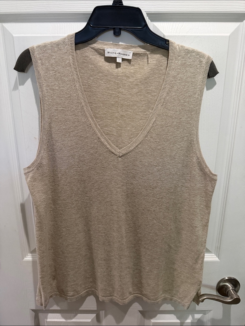 White + Warren Neutral Beige V-Neck cotton Blend Sleeveless Tank.